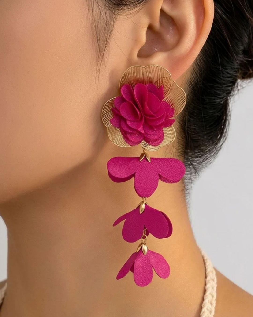 Pink Feather- lite Golden Flower Drop Earrings