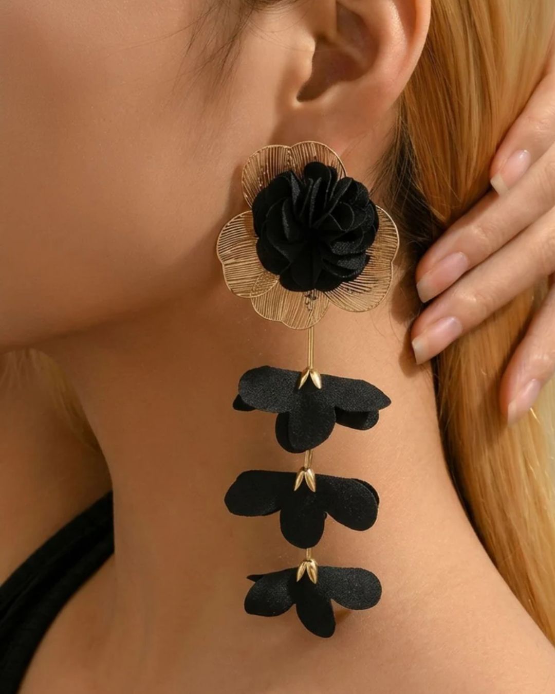 Black Feather- lite Golden Flower Drop Earrings