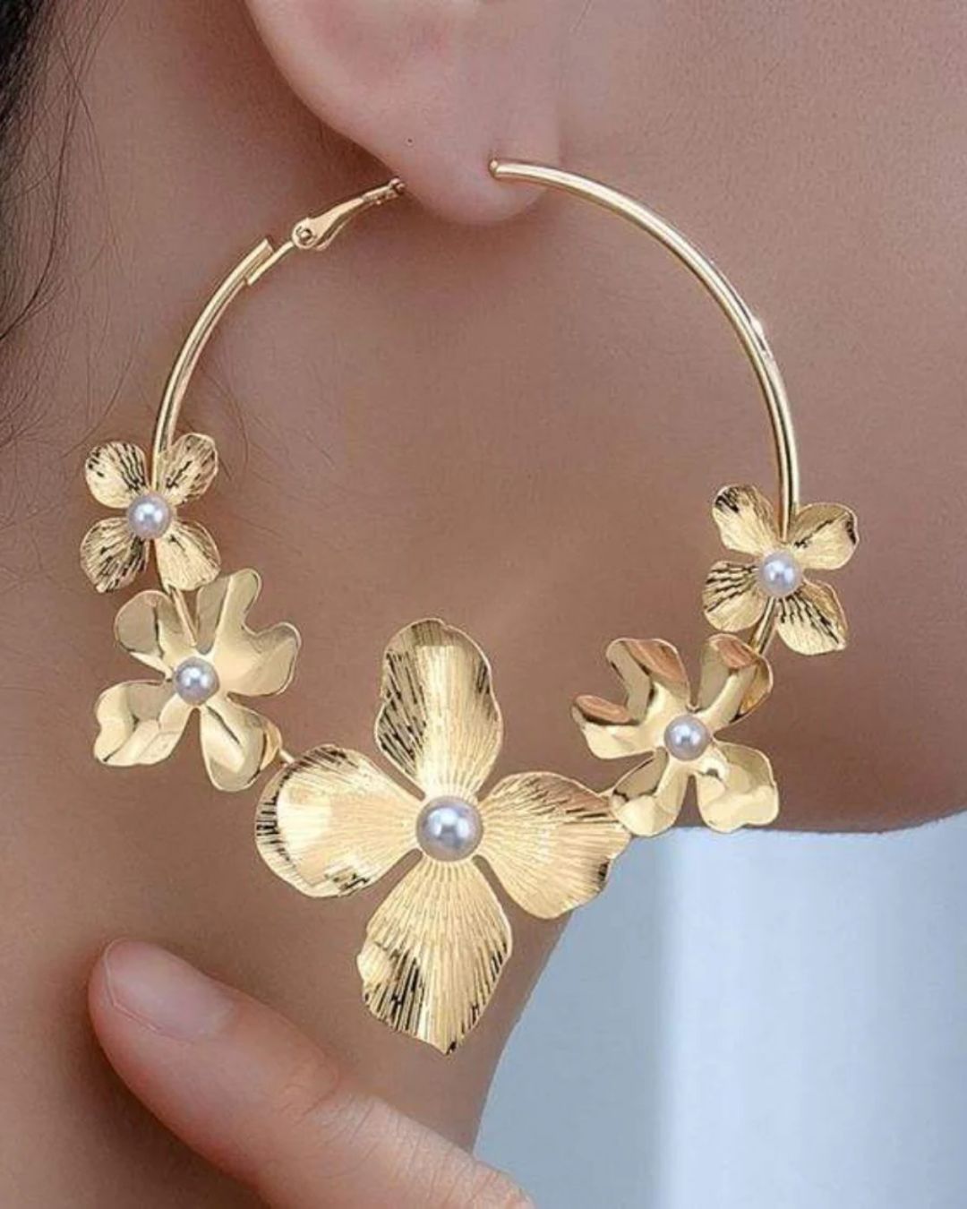 Golden Flower Pearl Hoop Earrings