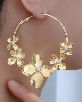Golden Flower Pearl Hoop Earrings