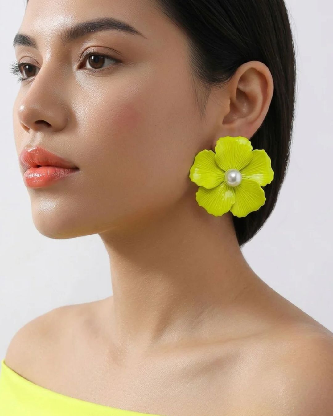Neon Enamel Pearl Floral Stud Earrings