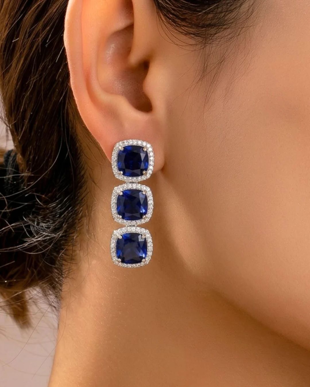 Trio Navy Blue Diamond CZ Drop earrings