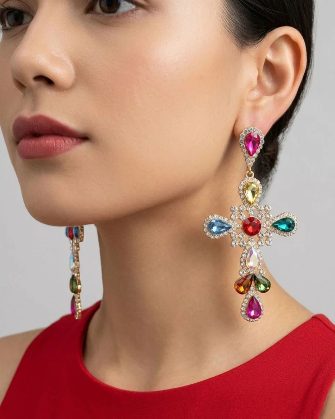 Multi Rhinestone Cross Statement Drop Earrings