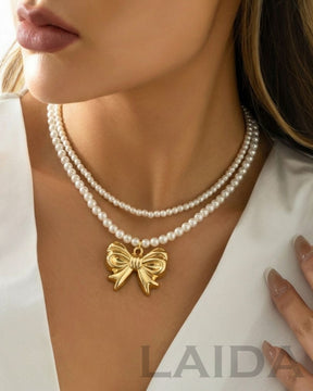 Two Layer Pearl Bow Statement Necklace