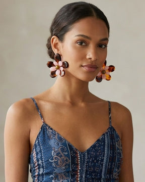 Brown Acrylic Layer Flower Stud Earrings