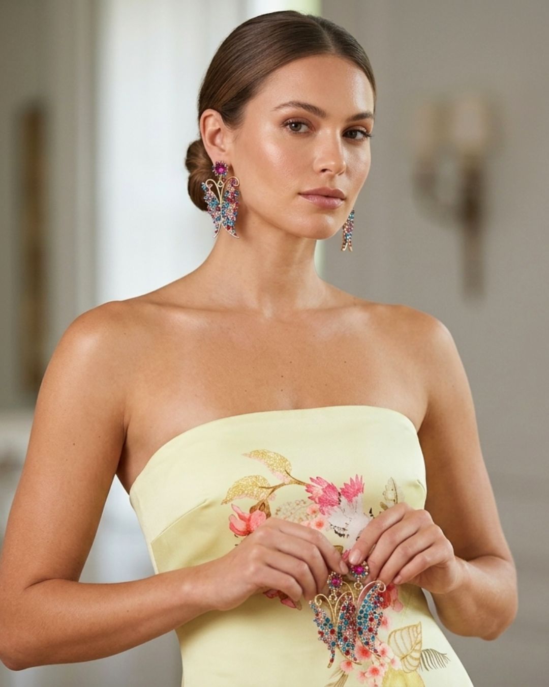 Multi Crystal Butterfly Drop Earrings