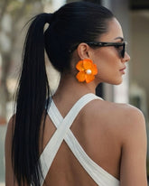 Orange Enamel Pearl Floral Stud Earrings