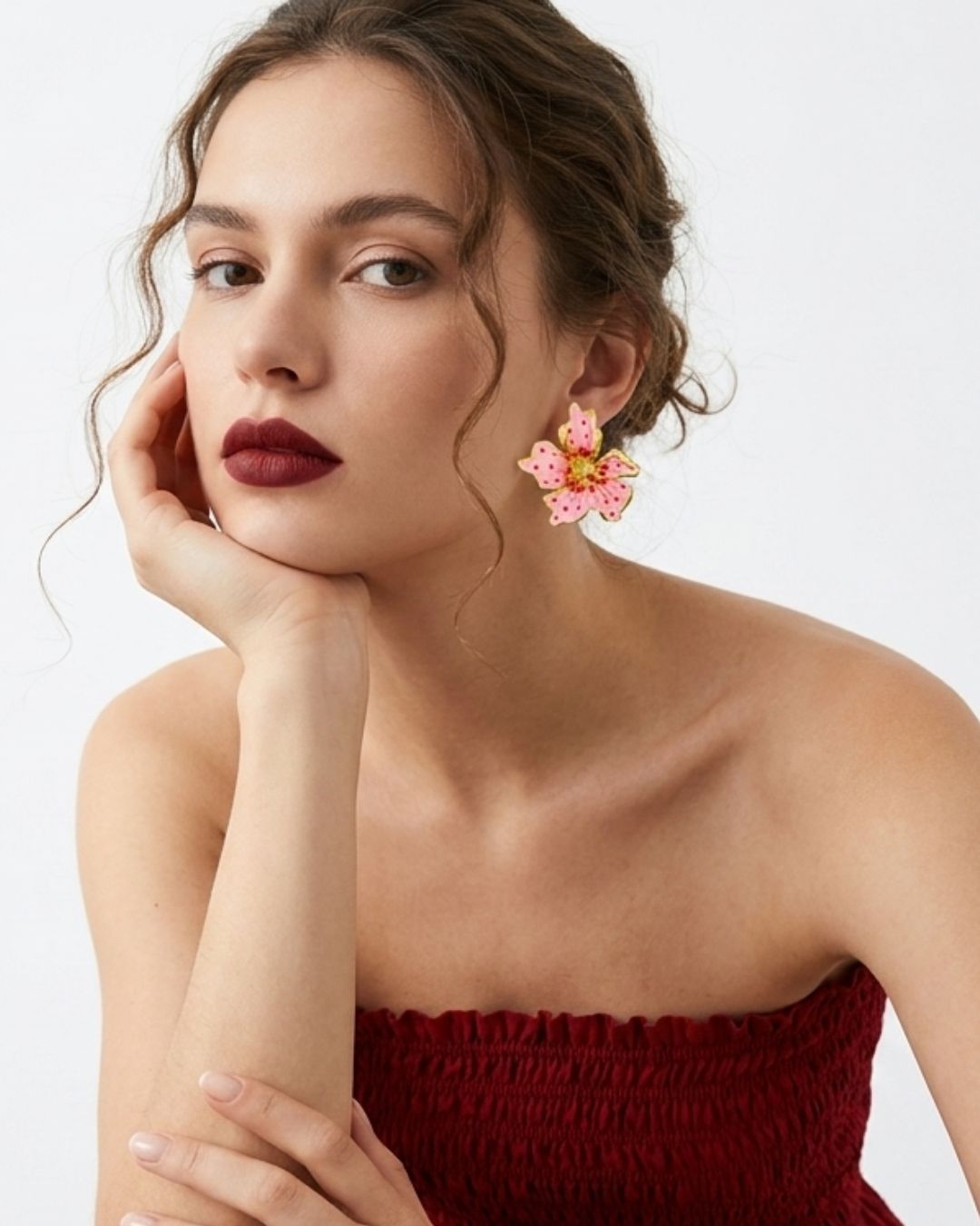 Pink Red Floral Stud Earrings