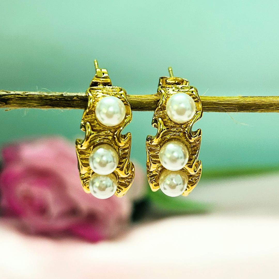 Golden Pearl Crown Hoop Earrings