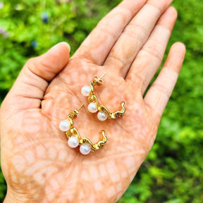 Golden Pearl Crown Hoop Earrings