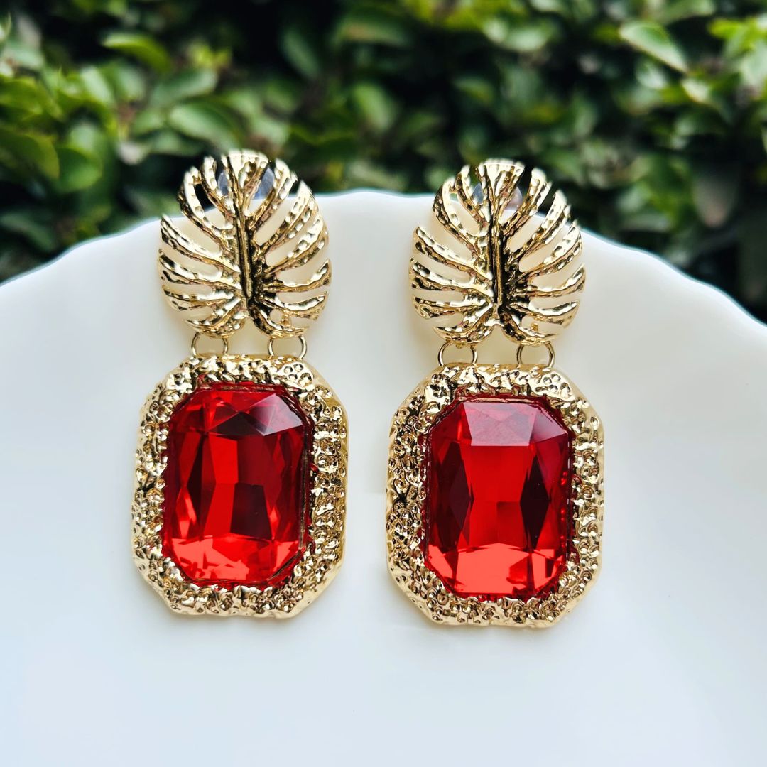 Red Rhinestone Leaf Earrings