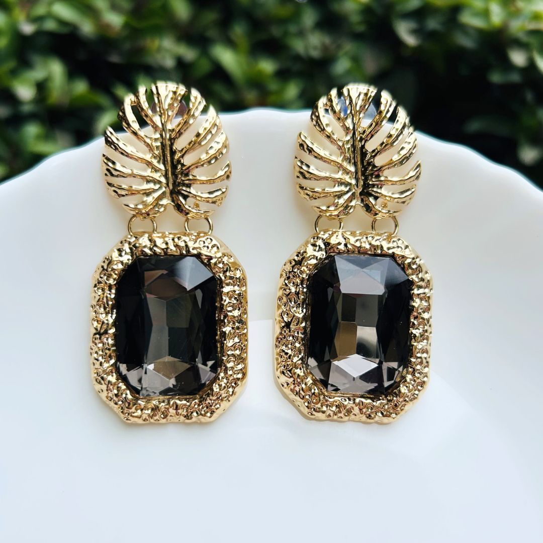 Black Rhinestone Leaf Earrings