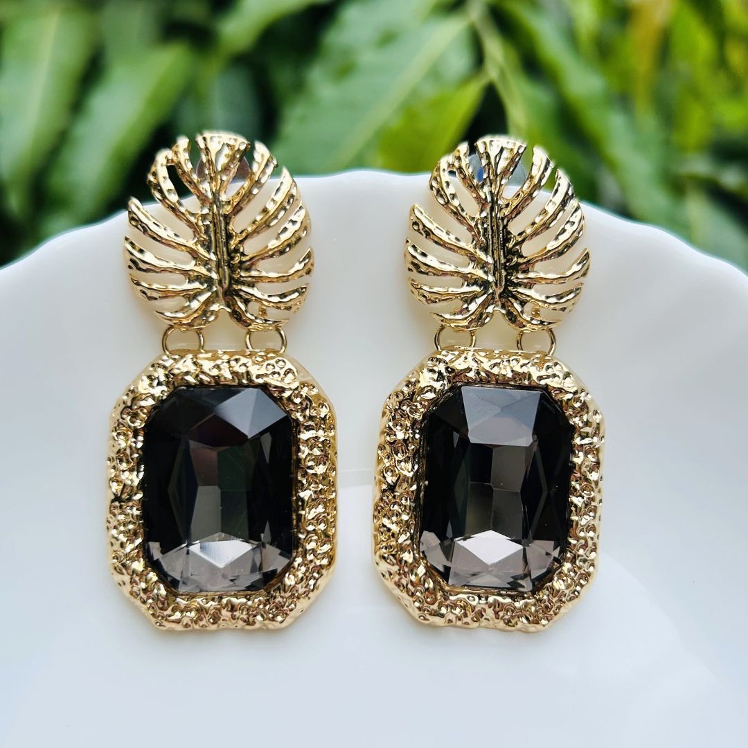 Black Rhinestone Leaf Earrings