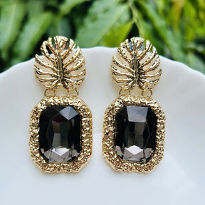 Black Rhinestone Leaf Earrings