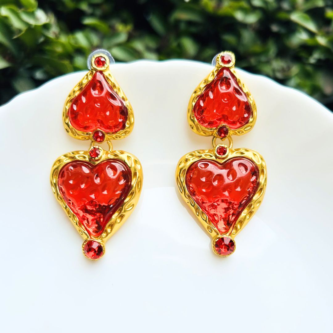 Ruby Flame Heart Red Drop Earrings