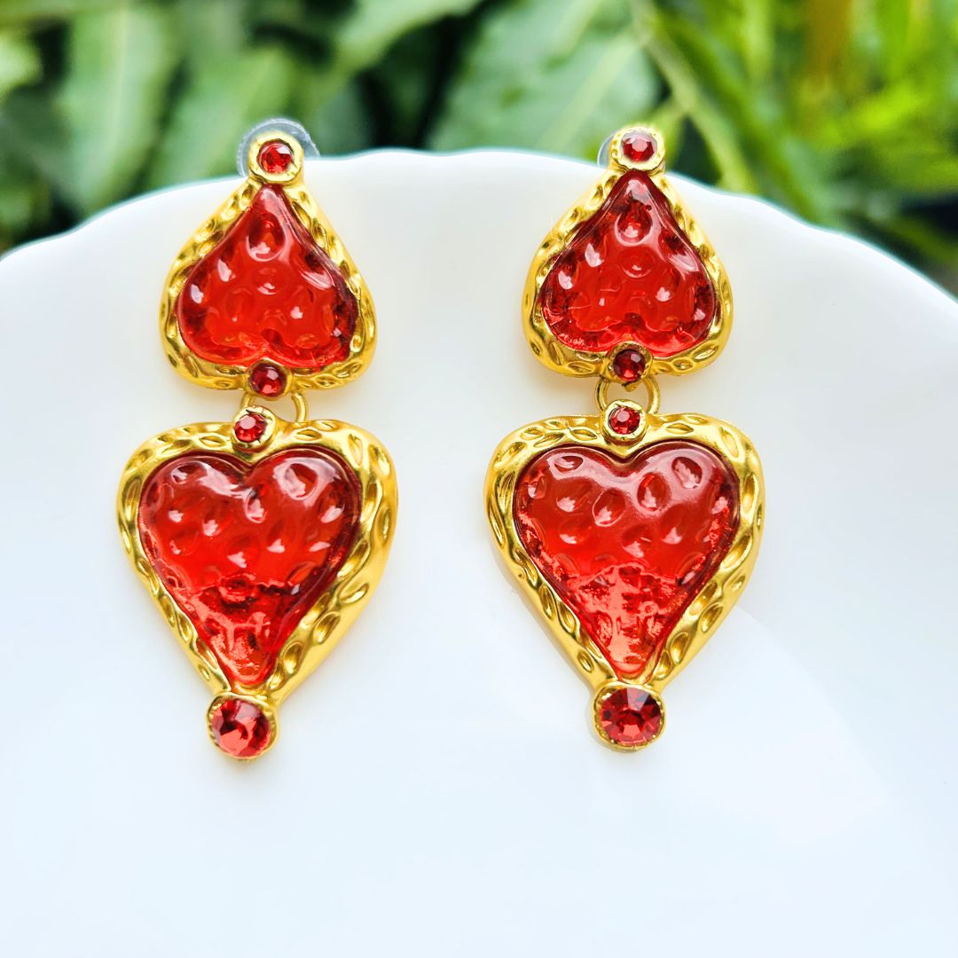 Ruby Flame Heart Red Drop Earrings