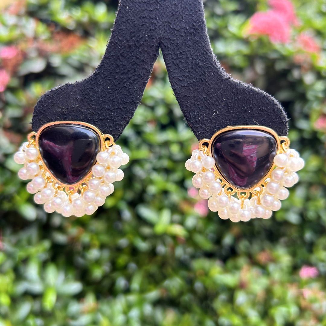 Black Triangle Pearl Stud Earrings