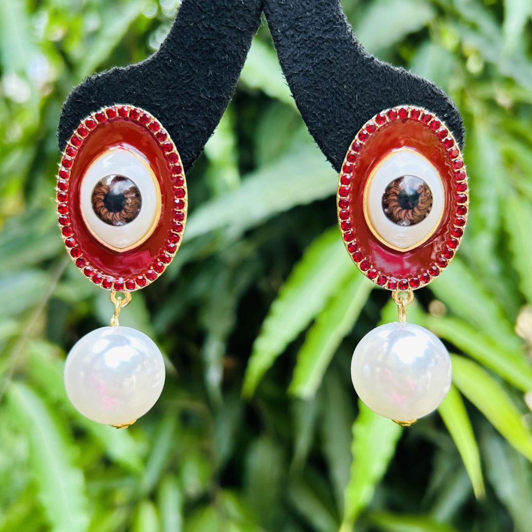 Maroon Pearl Evil Eye Drop Earrings