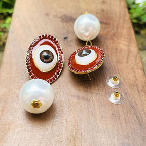 Maroon Pearl Evil Eye Drop Earrings