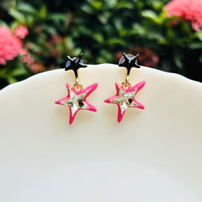 Pink And Black Star Drop Earrings