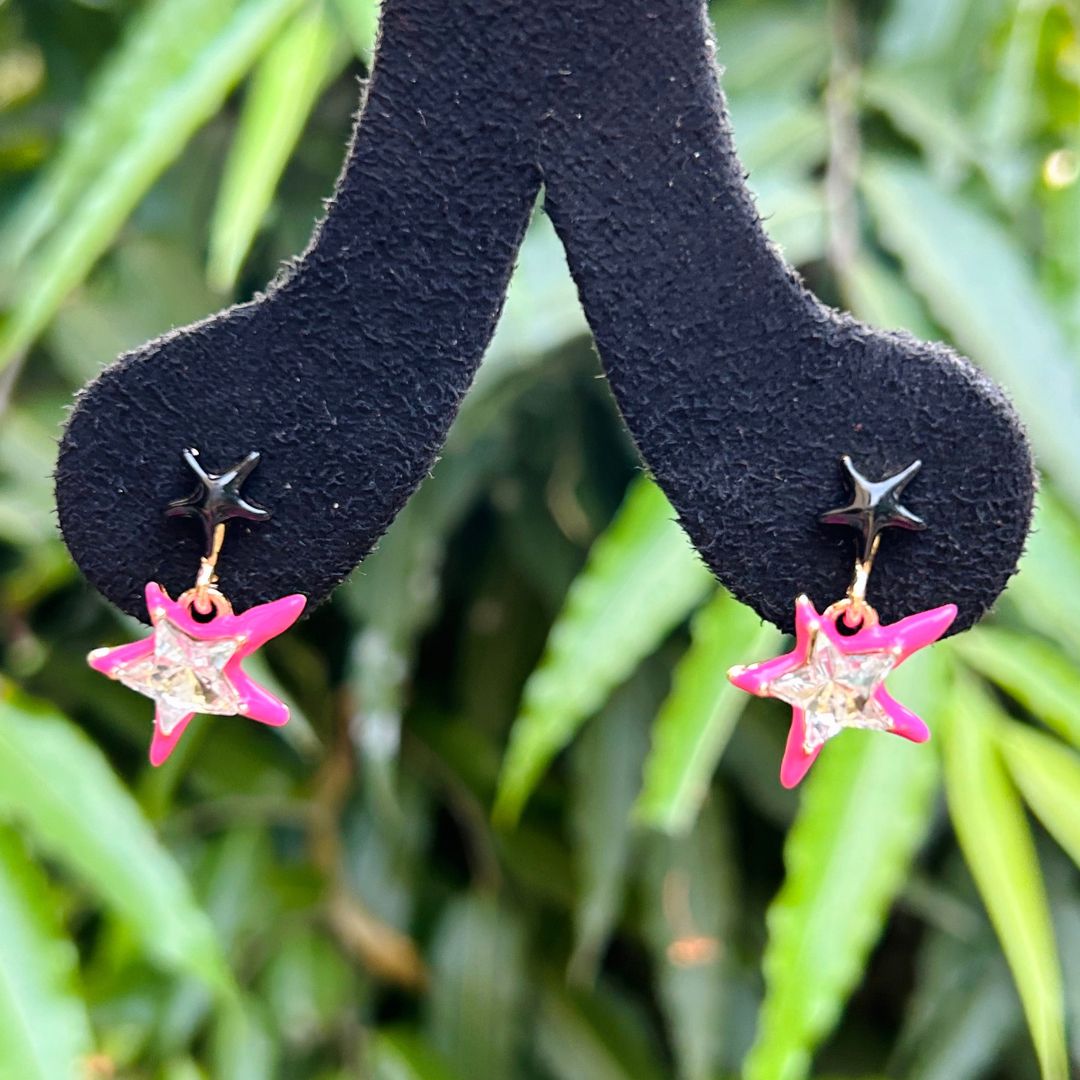 Pink And Black Star Drop Earrings