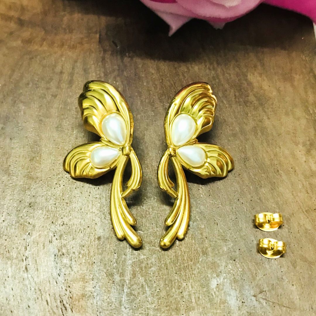 Butterfly Golden Pearl Stud Earrings