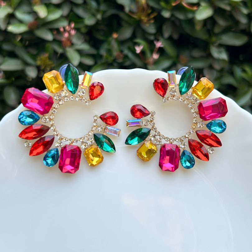 Rhinestone Half Moon Multicolor Earrings