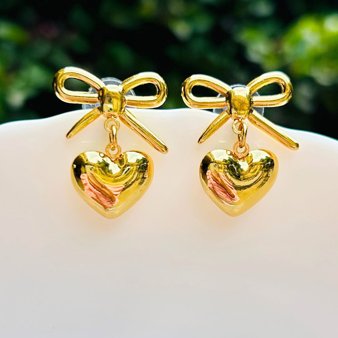 Golden Bow Heart Stud Earrings