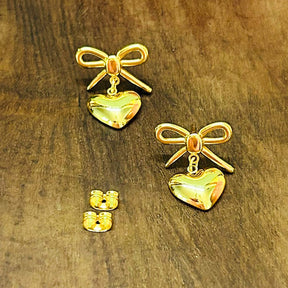 Golden Bow Heart Stud Earrings