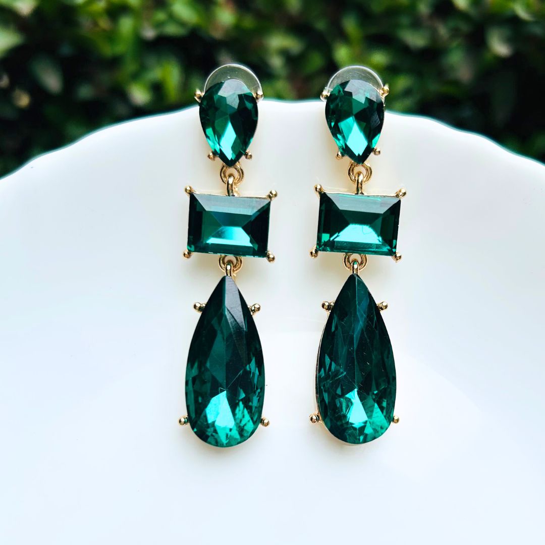 Emerald Green Rhinestone Pear Drop Earrings