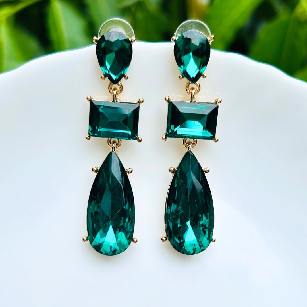 Emerald Green Rhinestone Pear Drop Earrings