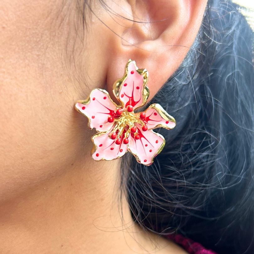 Pink Red Floral Stud Earrings