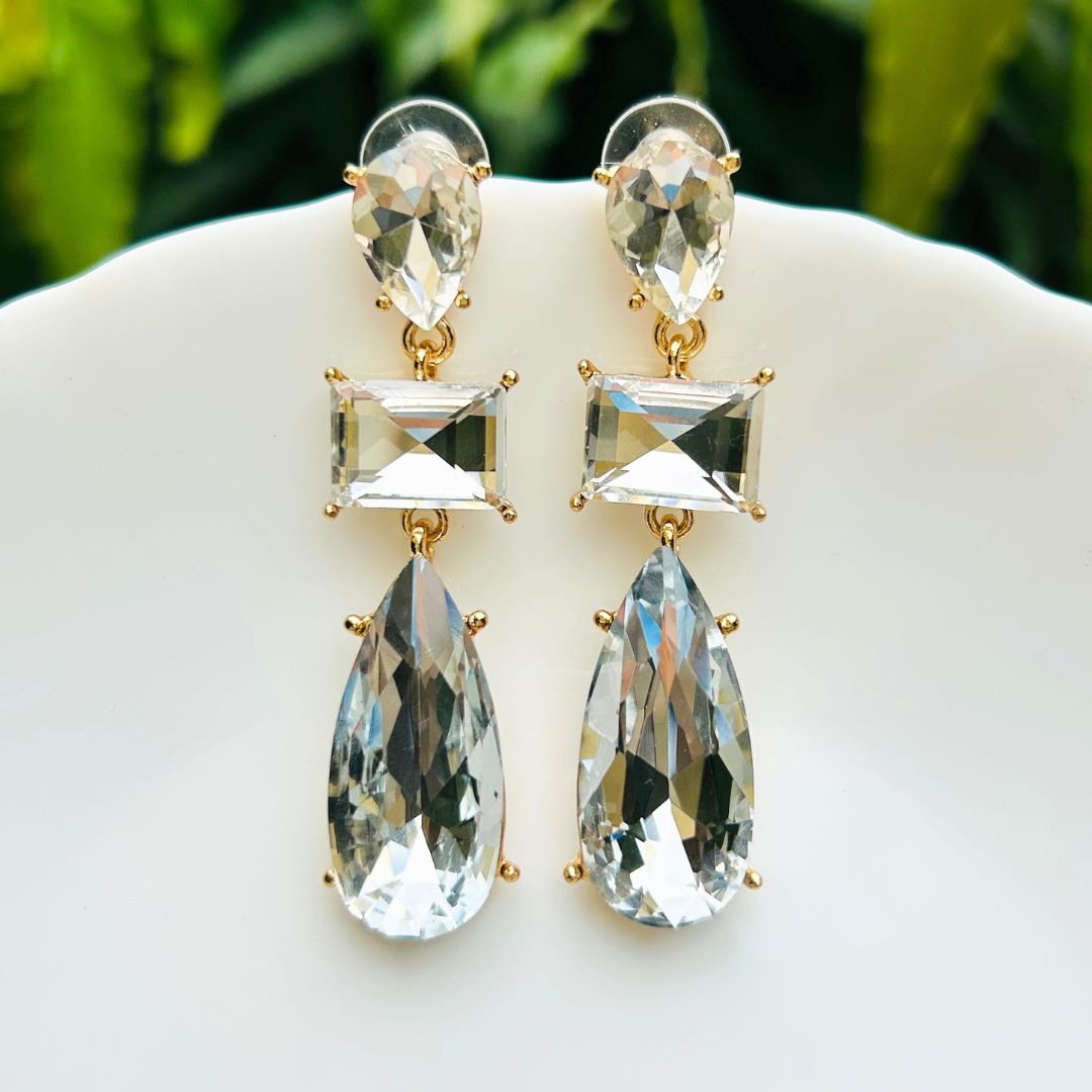 Silver Rhinestone Pear Drop Earrings