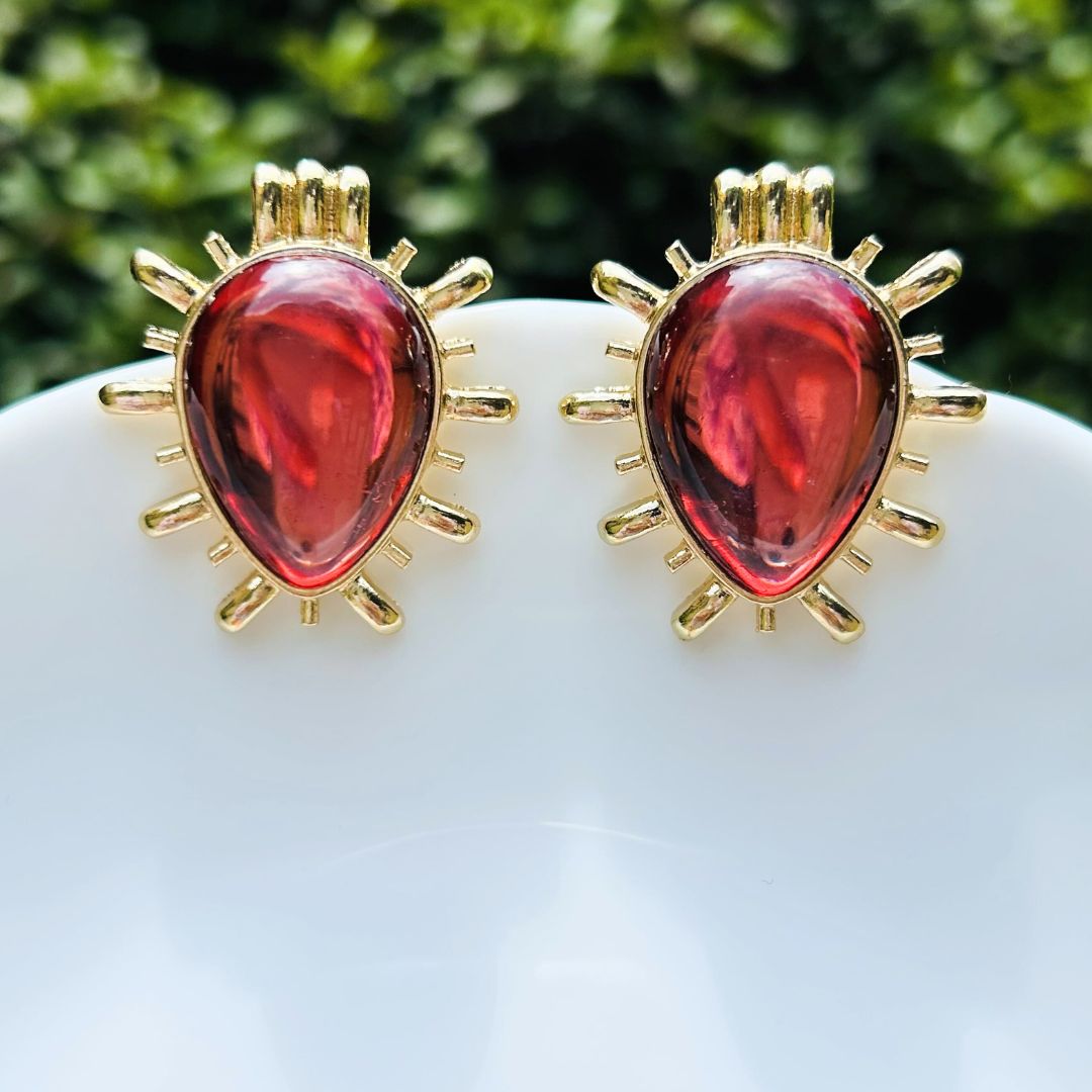 Sunburst Wine Red Drop Stud Earrings