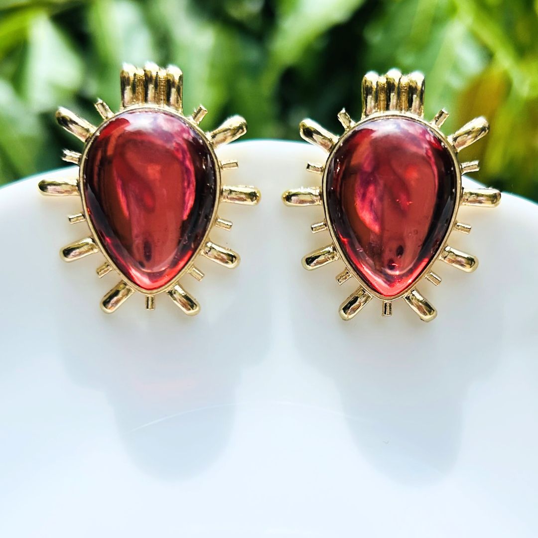 Sunburst Wine Red Drop Stud Earrings