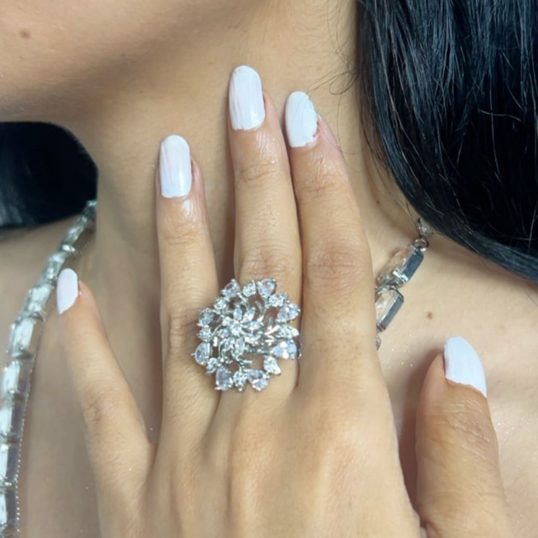 Nory Floral Cocktail CZ American Diamond Finger - Ring