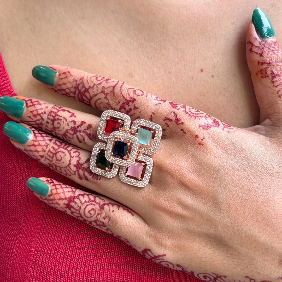 Rose Gold Multi color american Diamond Adjustable Finger- Ring