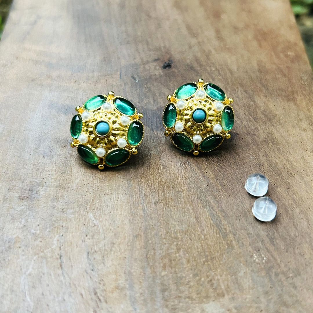 Emerald Green Pearl Stud Earrings