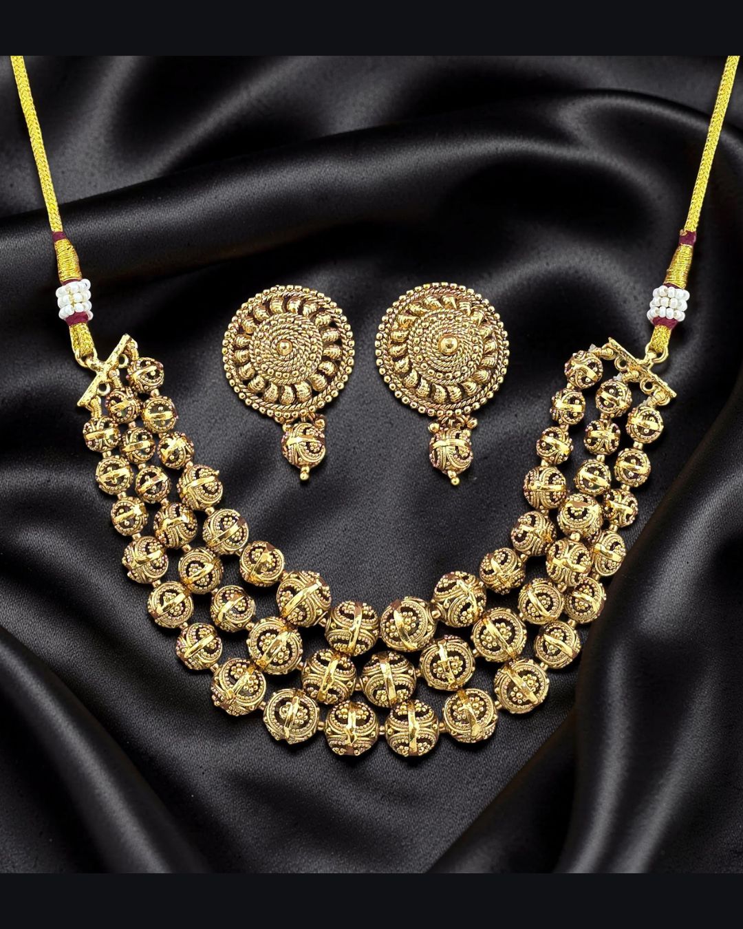 Alaknanda 3 Layer Antique Golden Necklace Set