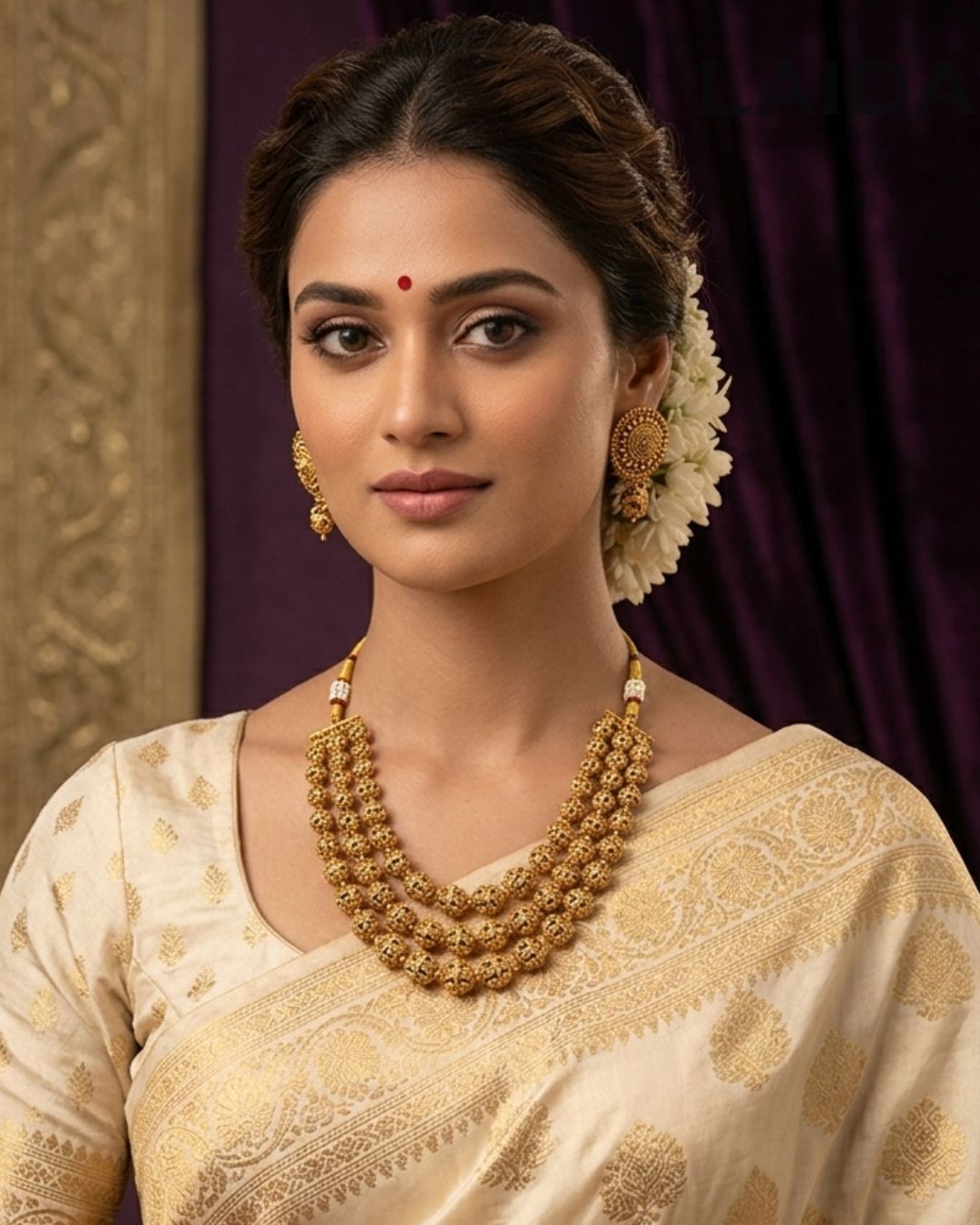 Alaknanda 3 Layer Antique Golden Necklace Set
