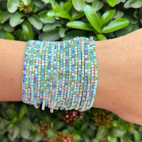 Stretchable Lime Green And Blue Silver Plated Bracelet - Pack of 24