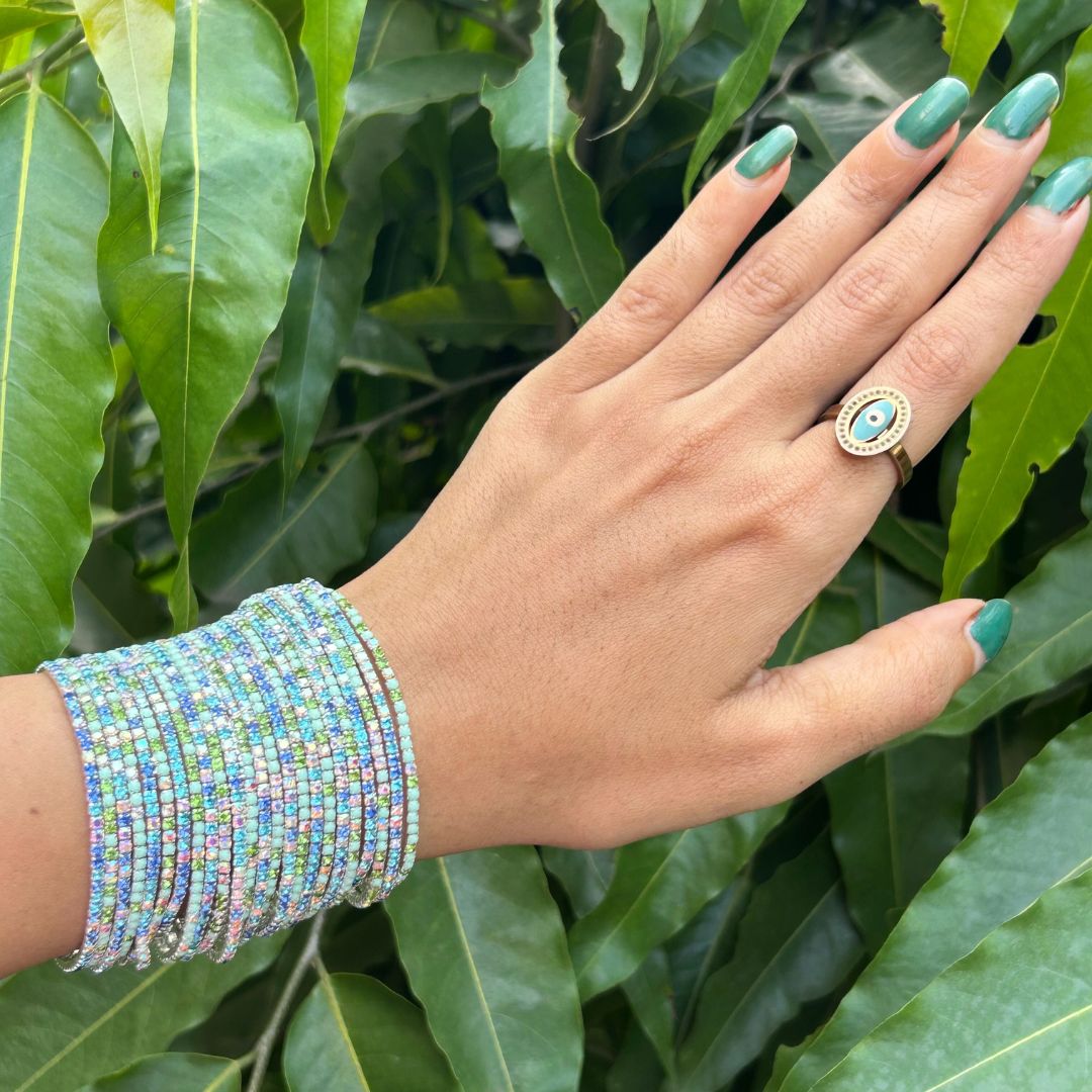 Stretchable Lime Green And Blue Silver Plated Bracelet - Pack of 24
