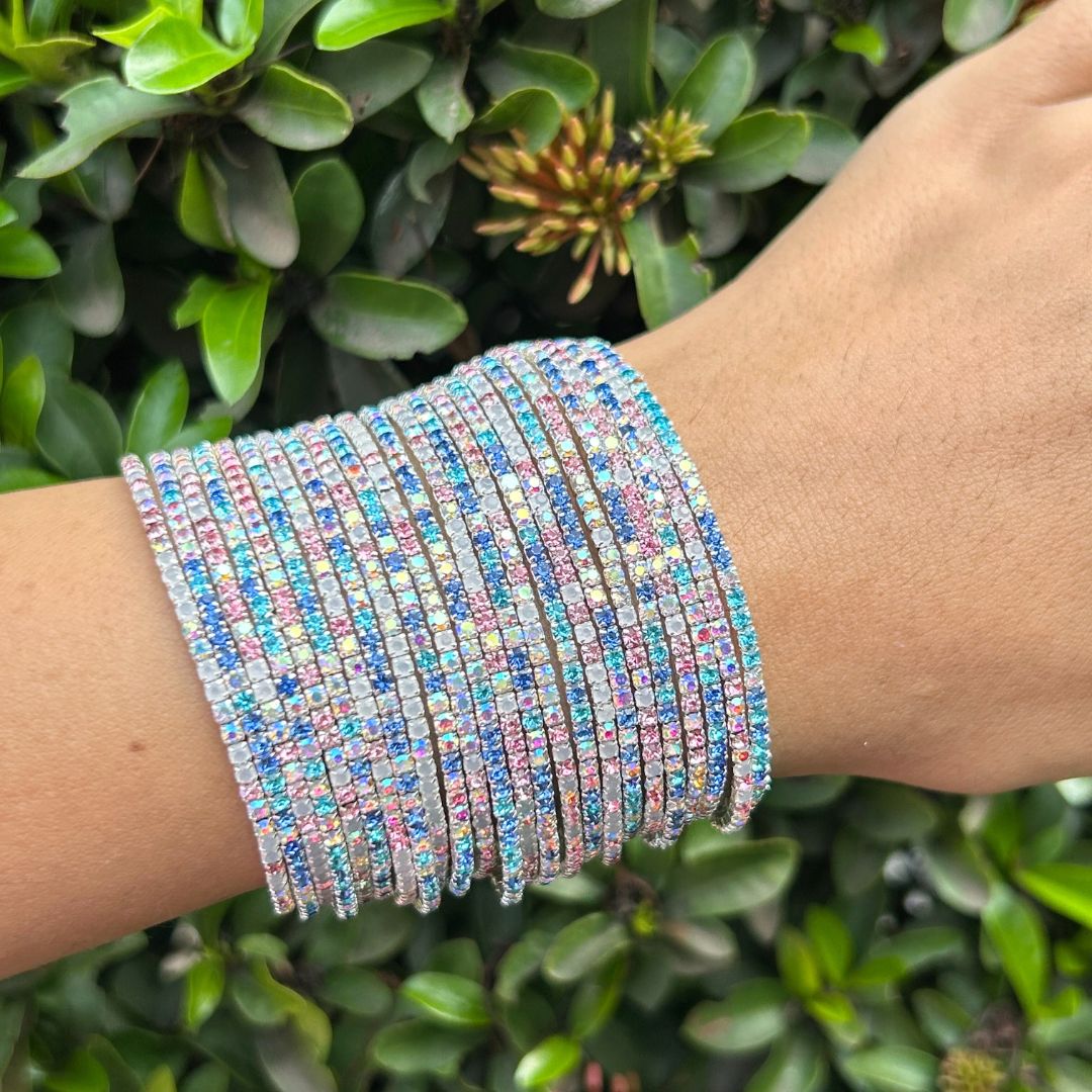 Stretchable Rose Pink And Blue Silver Plated Bracelet - Pack of 24