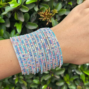 Stretchable Rose Pink And Blue Silver Plated Bracelet - Pack of 24