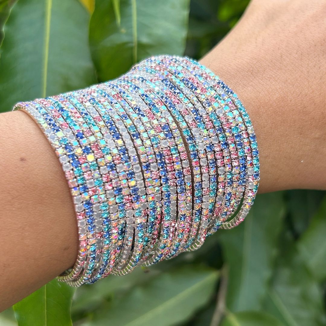 Stretchable Rose Pink And Blue Silver Plated Bracelet - Pack of 24