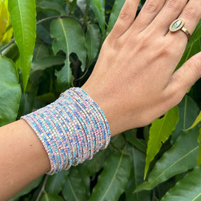 Stretchable Rose Pink And Blue Silver Plated Bracelet - Pack of 24