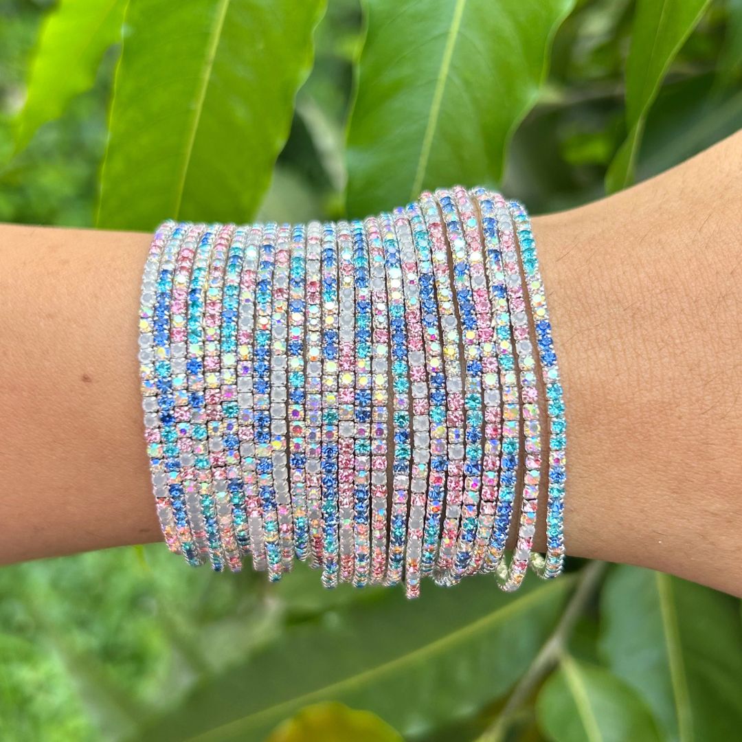 Stretchable Rose Pink And Blue Silver Plated Bracelet - Pack of 24