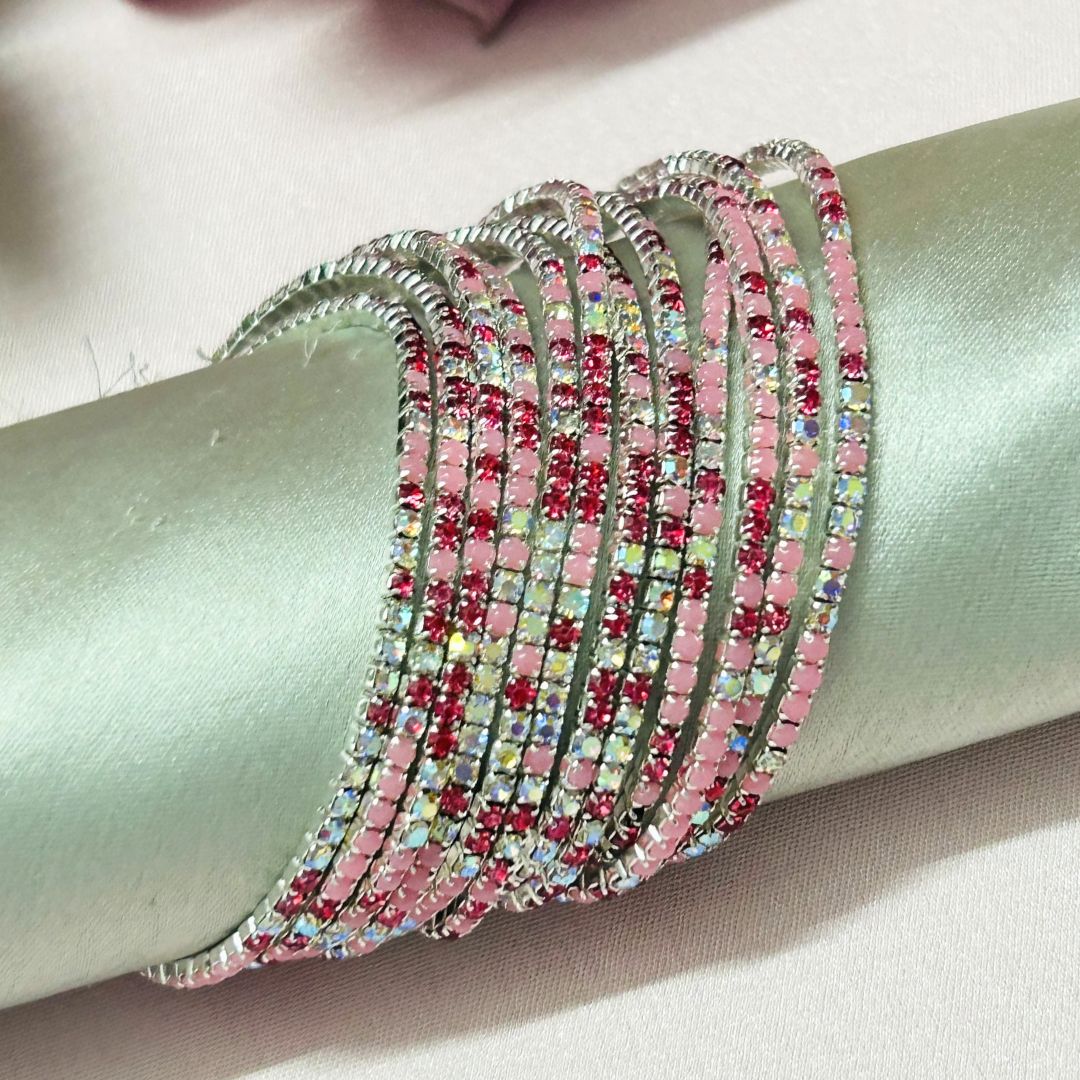 Stretchable Pink Petal Silver Plated Bracelet - Pack of 12