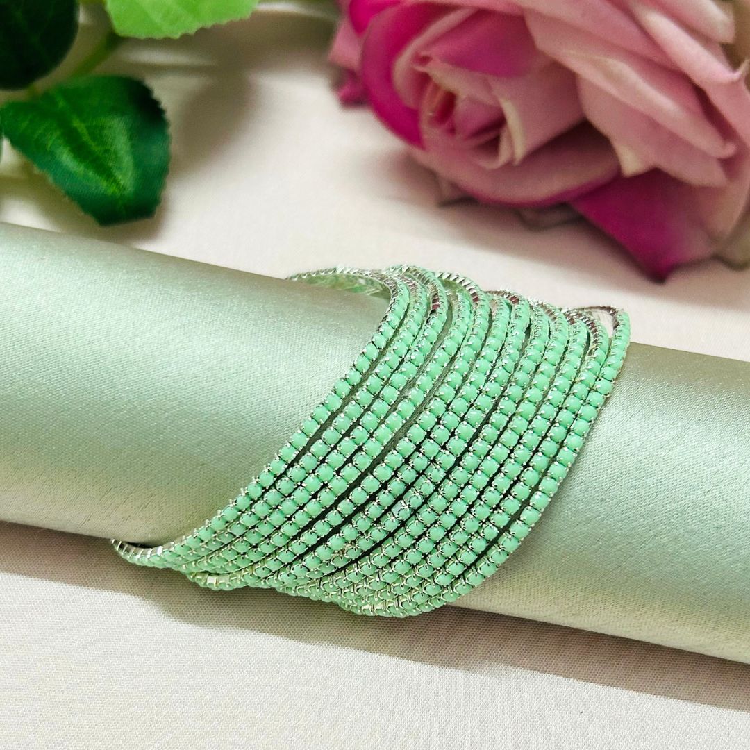 Stretchable Mint Green Silver Plated Bracelet - Pack of 12