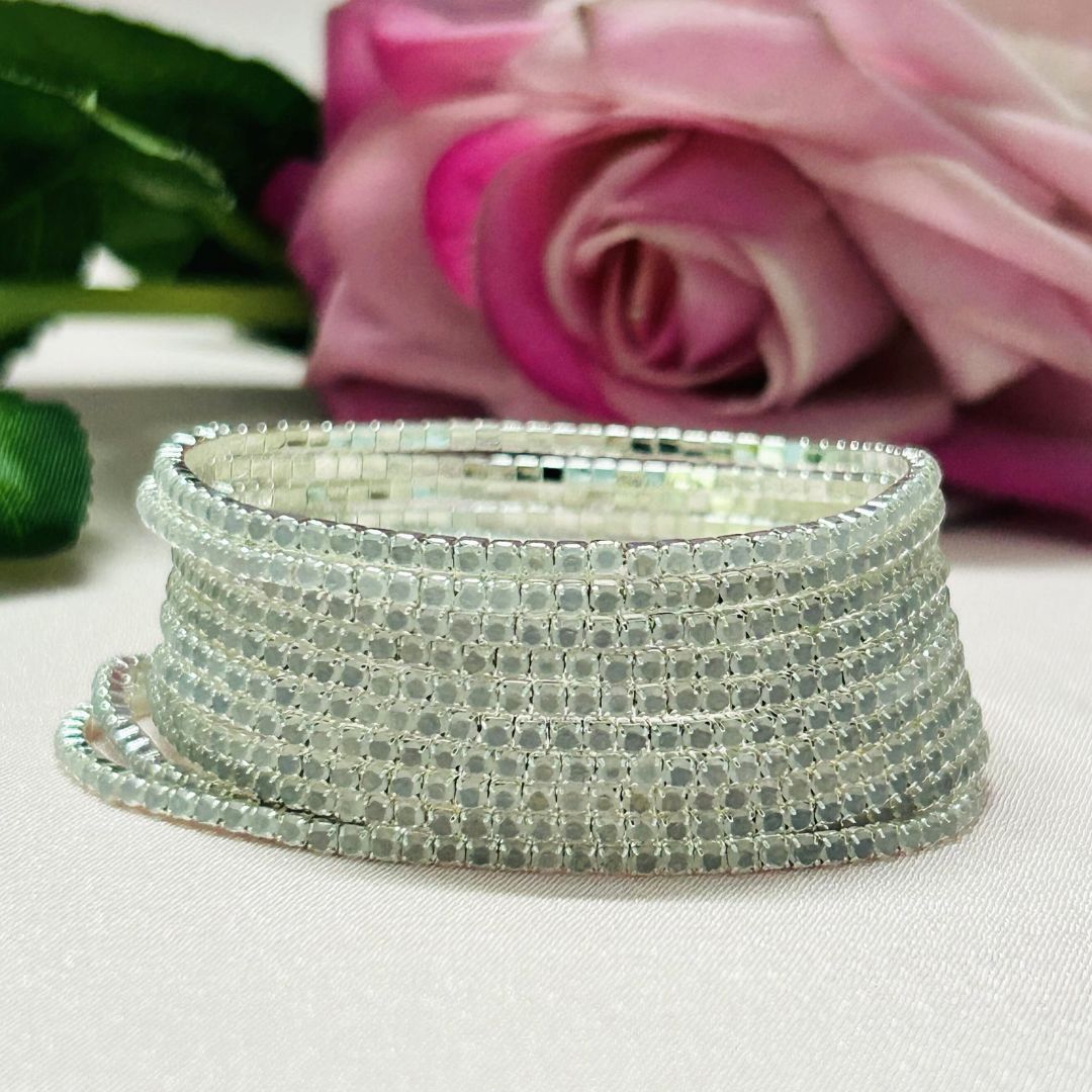 Stretchable Crystal White Silver Plated Bracelet - Pack of 12